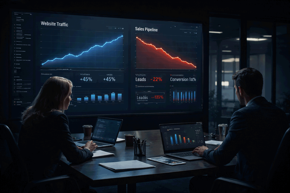 Executive team reviewing performance gap between paid traffic and qualified consultations