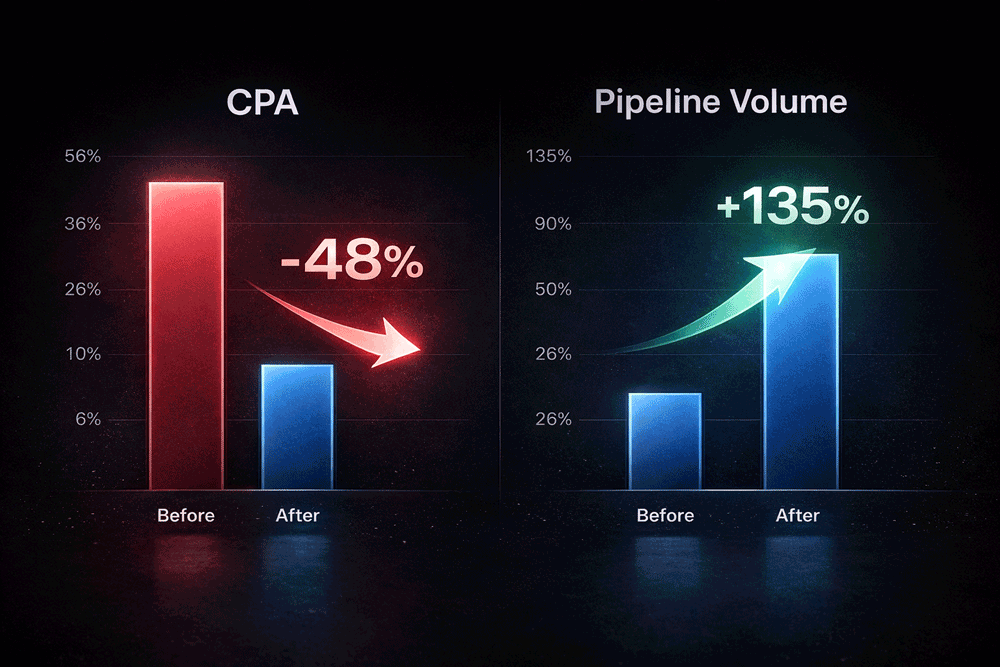 Illustrative summary chart showing CPA reduction and consultation lift
